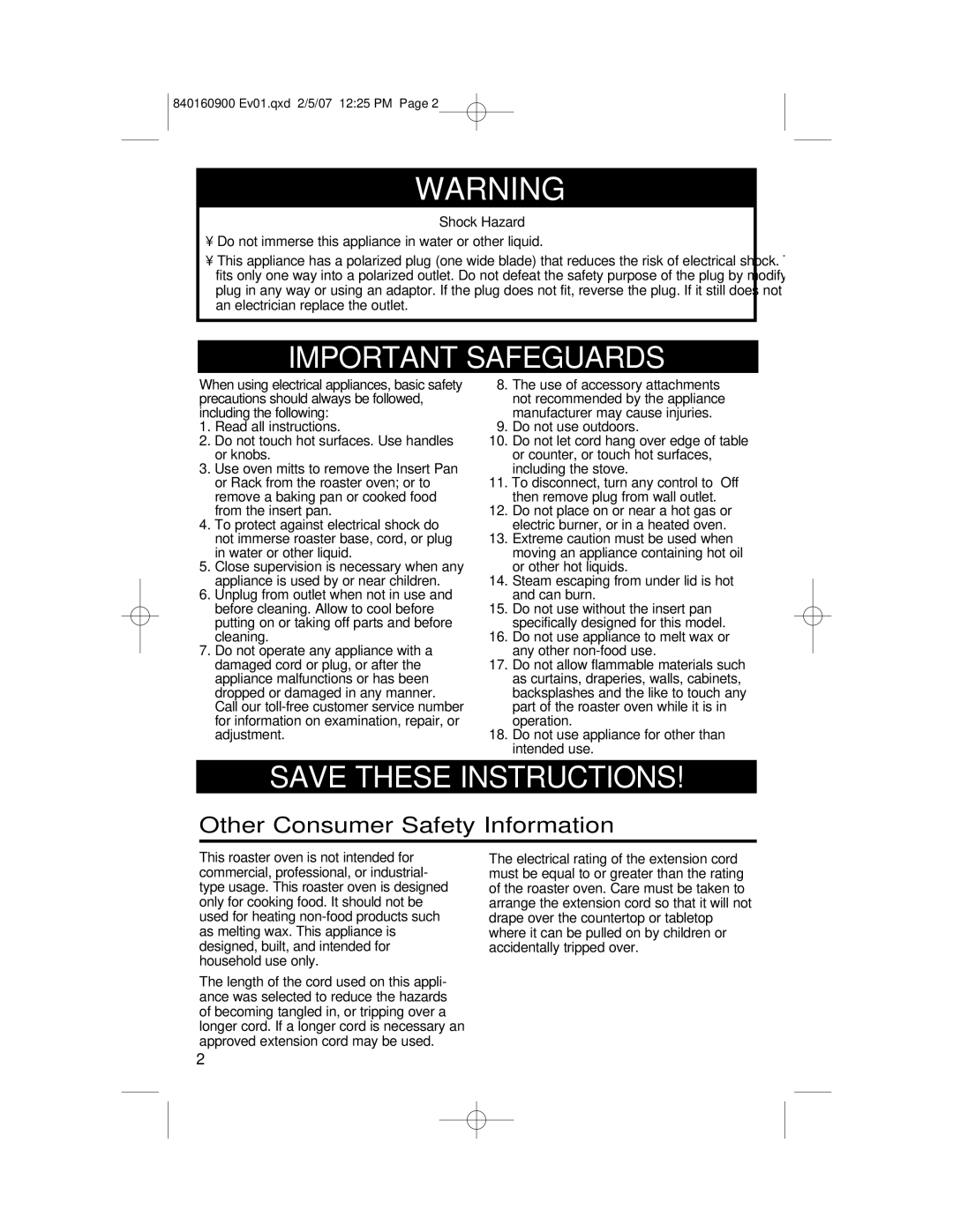 Proctor-Silex Roaster Oven, 840160900 manual Wwarning, Other Consumer Safety Information 