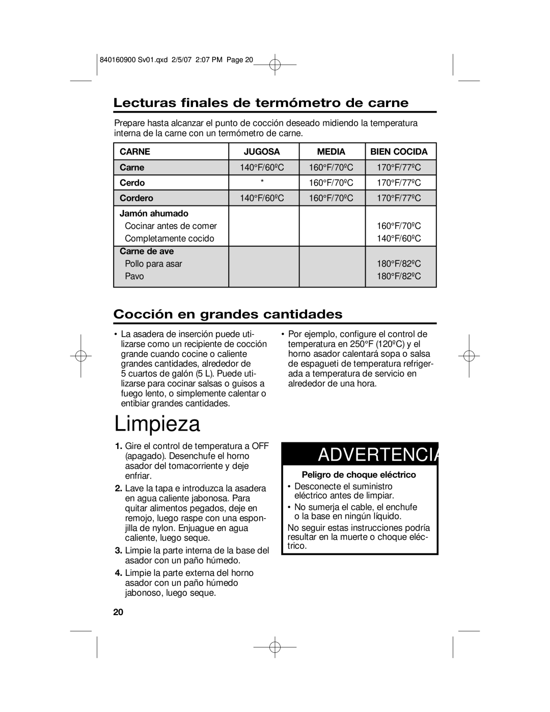 Proctor-Silex Roaster Oven, 840160900 Limpieza, Lecturas finales de termómetro de carne, Cocción en grandes cantidades 