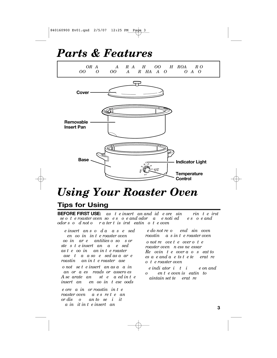 Proctor-Silex 840160900 manual Parts & Features, Using Your Roaster Oven, Tips for Using, Cover Removable Insert Pan Base 