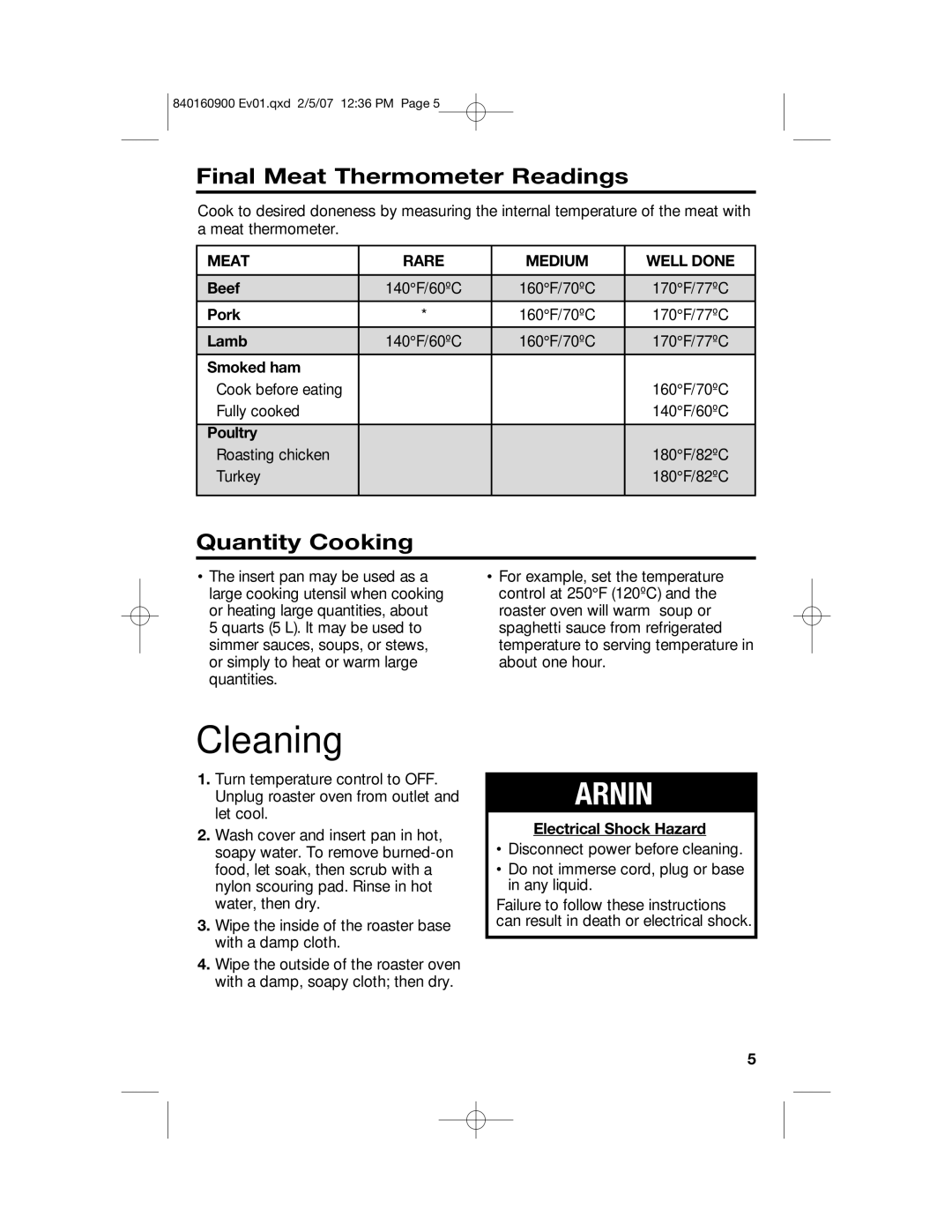 Proctor-Silex 840160900 Cleaning, Wwarning, Final Meat Thermometer Readings, Quantity Cooking, Meat Rare Medium Well Done 