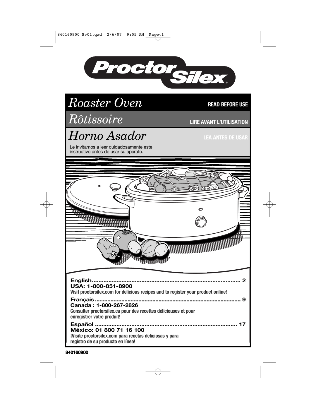 Proctor-Silex 840160900 manual English, Français, Canada, Español, México 01 800 71 16, Roaster Oven Rôtissoire 