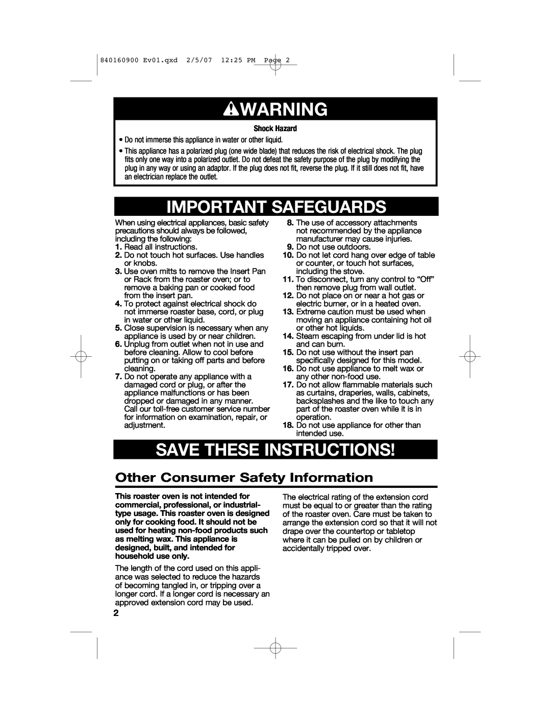 Proctor-Silex Roaster Oven wWARNING, Important Safeguards, Save These Instructions, Other Consumer Safety Information 
