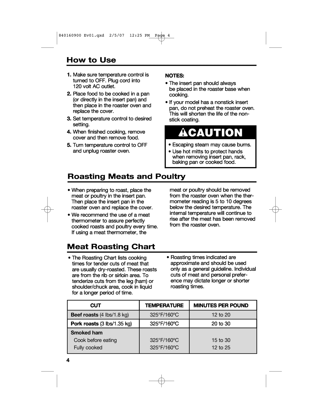 Proctor-Silex Roaster Oven wCAUTION, How to Use, Roasting Meats and Poultry, Meat Roasting Chart, Temperature, Smoked ham 