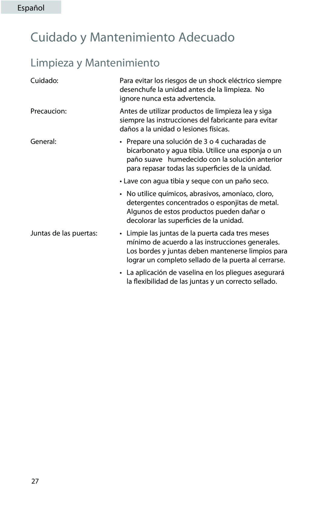 Professional Series PS72001 Cuidado y Mantenimiento Adecuado, Limpieza y Mantenimiento, Precaucion, General, Español 