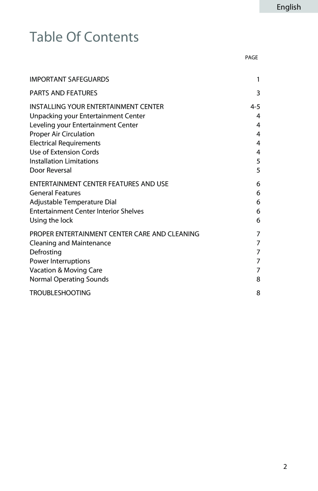 Professional Series PS72001 Table Of Contents, Important Safeguards, Parts And Features, Troubleshooting, English 