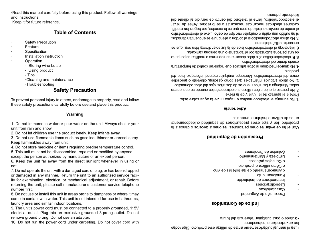 Professional Series PS72082 user manual Table of Contents 