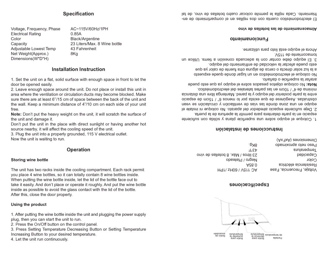 Professional Series PS72082 Specification, Installation Instruction, Operation, Funcionamiento, SpecificacionesE 