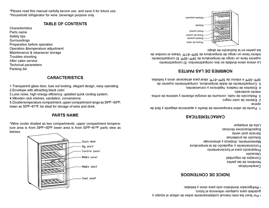 Professional Series PS72381 Table Of Contents, Caracteristics, Parts Name, Partes Las De Nombres, Características 