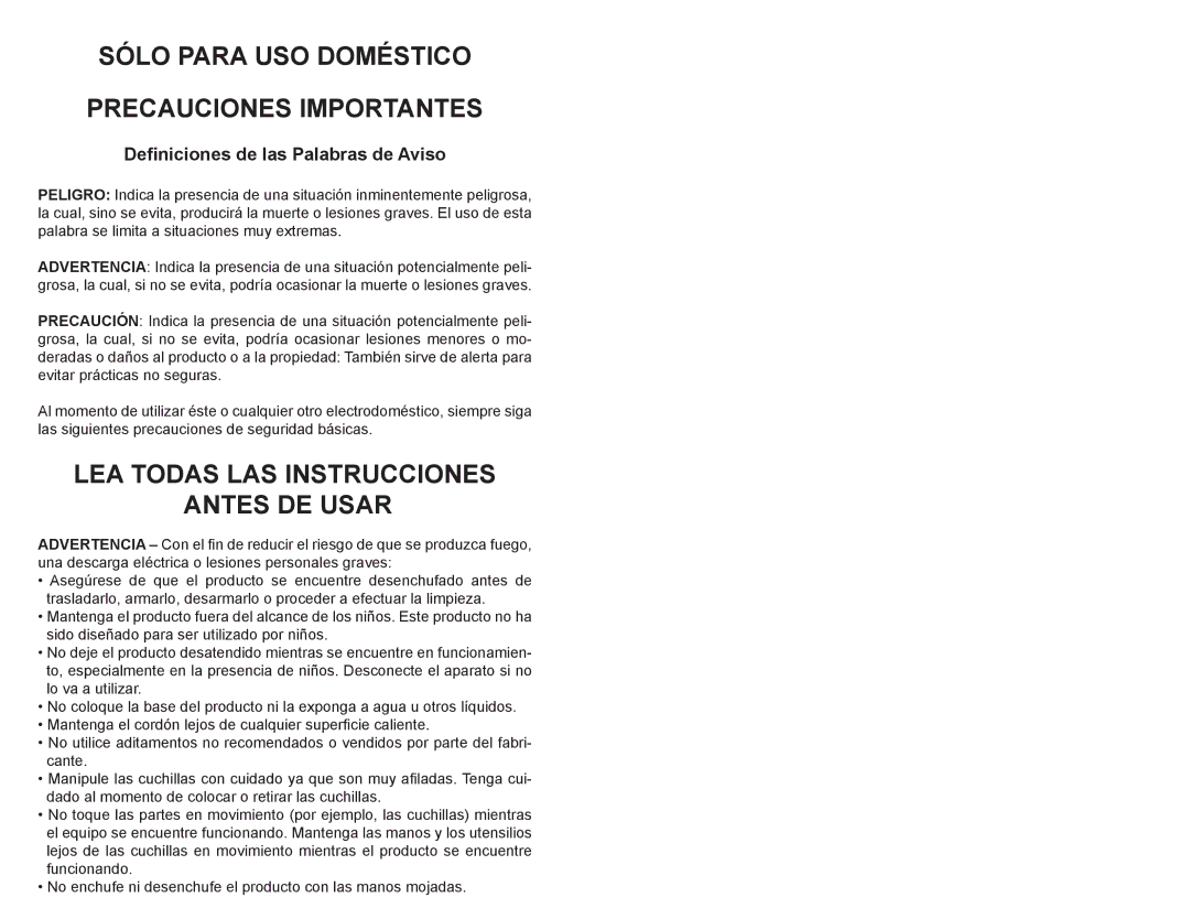 Professional Series PS75851 user manual Sólo Para USO Doméstico Precauciones Importantes 