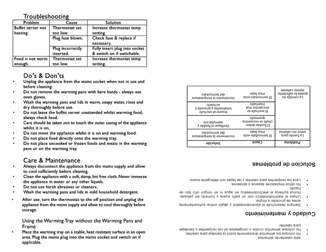 Professional Series PS77331 instruction manual Problemas de Solucion, Mantenimiento y Cuidado 