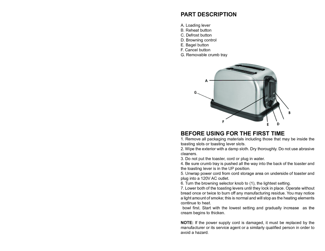 Professional Series PS77401 user manual Part Description, Before Using for the First Time 