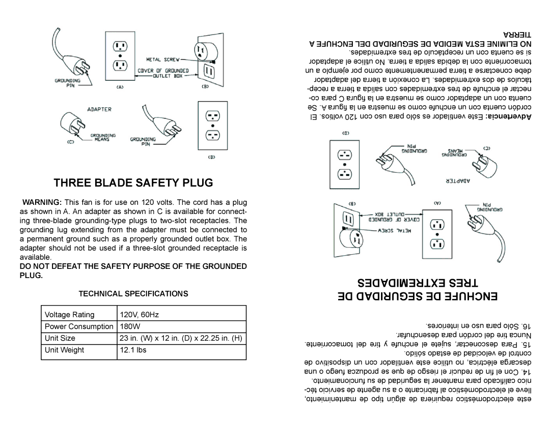 Professional Series PS77611 instruction manual Three Blade Safety Plug, Extremidades Tres DE Seguridad DE Enchufe 