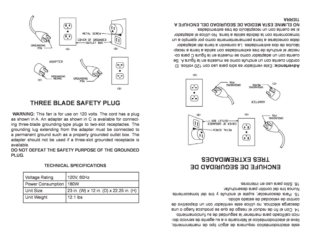 Professional Series PS77611 instruction manual Three Blade Safety Plug, Extremidades Tres De Seguridad De Enchufe 