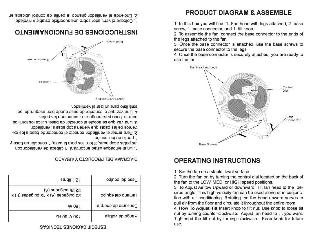 Professional Series PS77611 Product Diagram & Assemble, Operating Instructions, Técnicas Especificaciones 