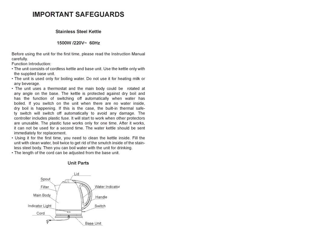 Professional Series PS77692 user manual Important Safeguards, Stainless Steel Kettle 1500W /220V~ 60Hz 