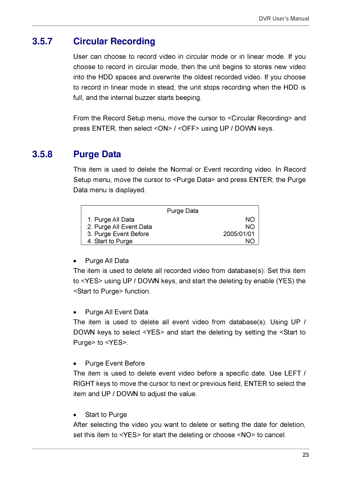 Proficient Audio Systems 00P3DG090DSEB3 user manual Circular Recording, Purge Data 