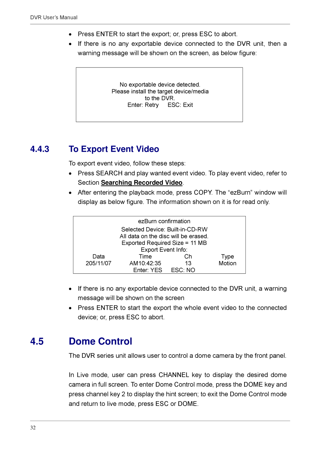 Proficient Audio Systems 00P3DG090DSEB3 user manual Dome Control, To Export Event Video 