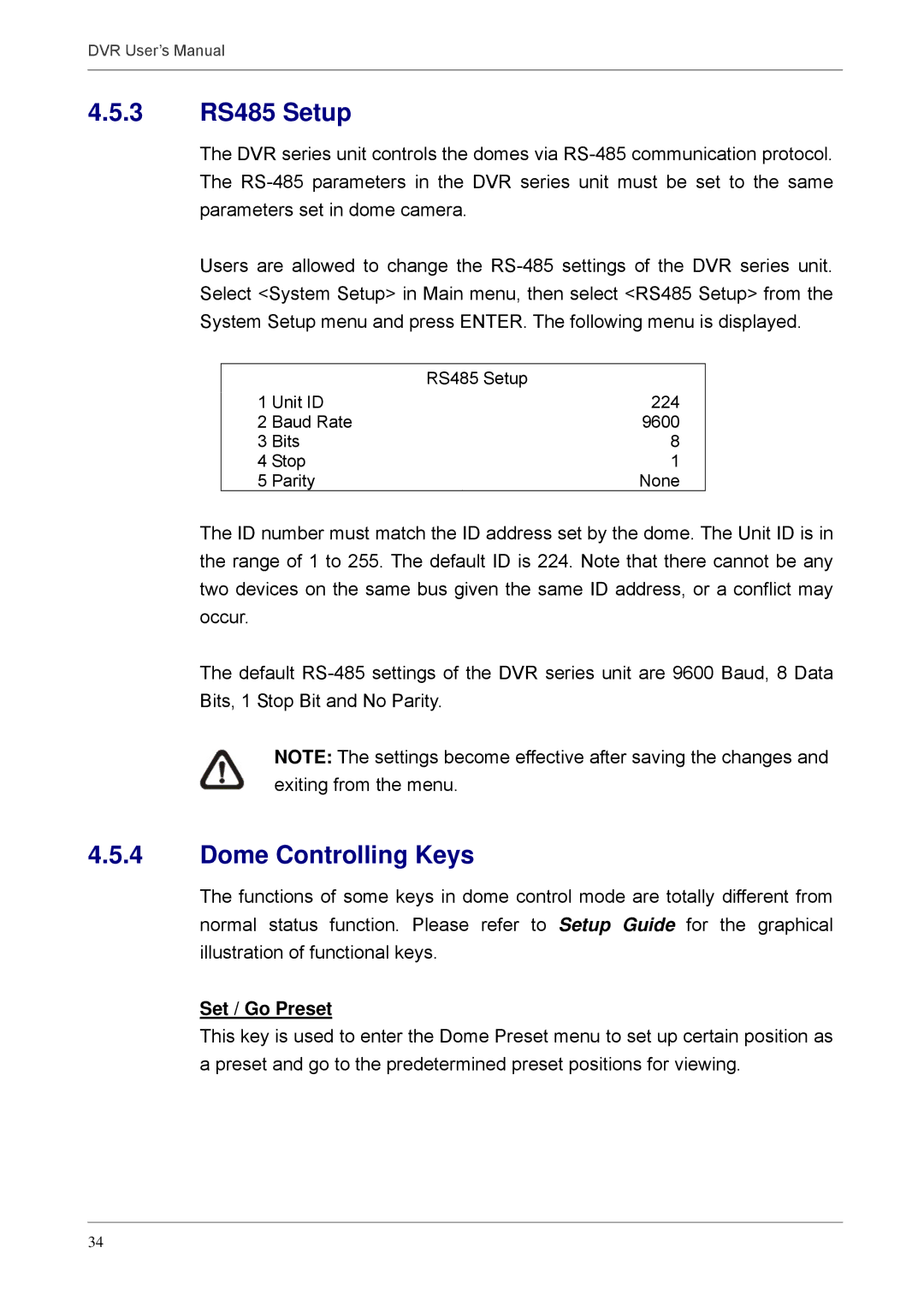 Proficient Audio Systems 00P3DG090DSEB3 user manual 3 RS485 Setup, Dome Controlling Keys, Set / Go Preset 