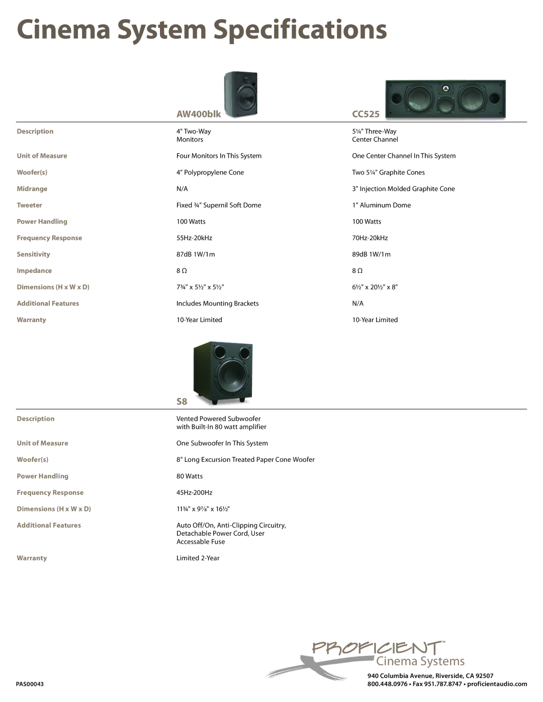 Proficient Audio Systems manual Cinema System Specifications, AW400blk CC525 