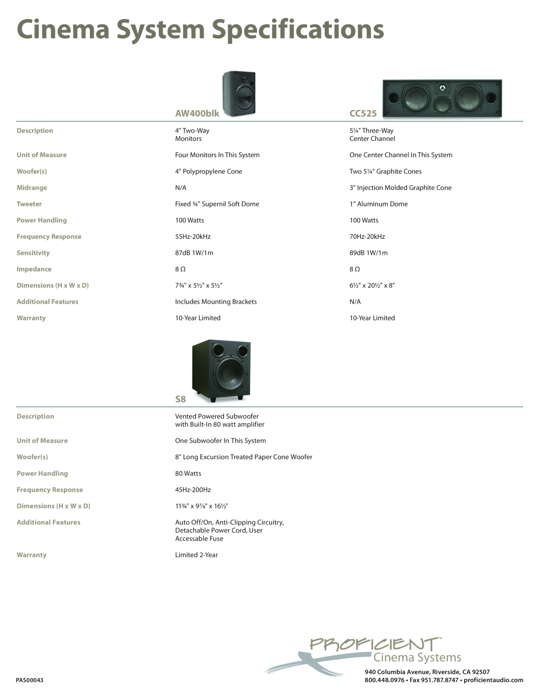 Proficient Audio Systems manual Cinema System Specifications, Cinema Systems, AW400blk, CC525 
