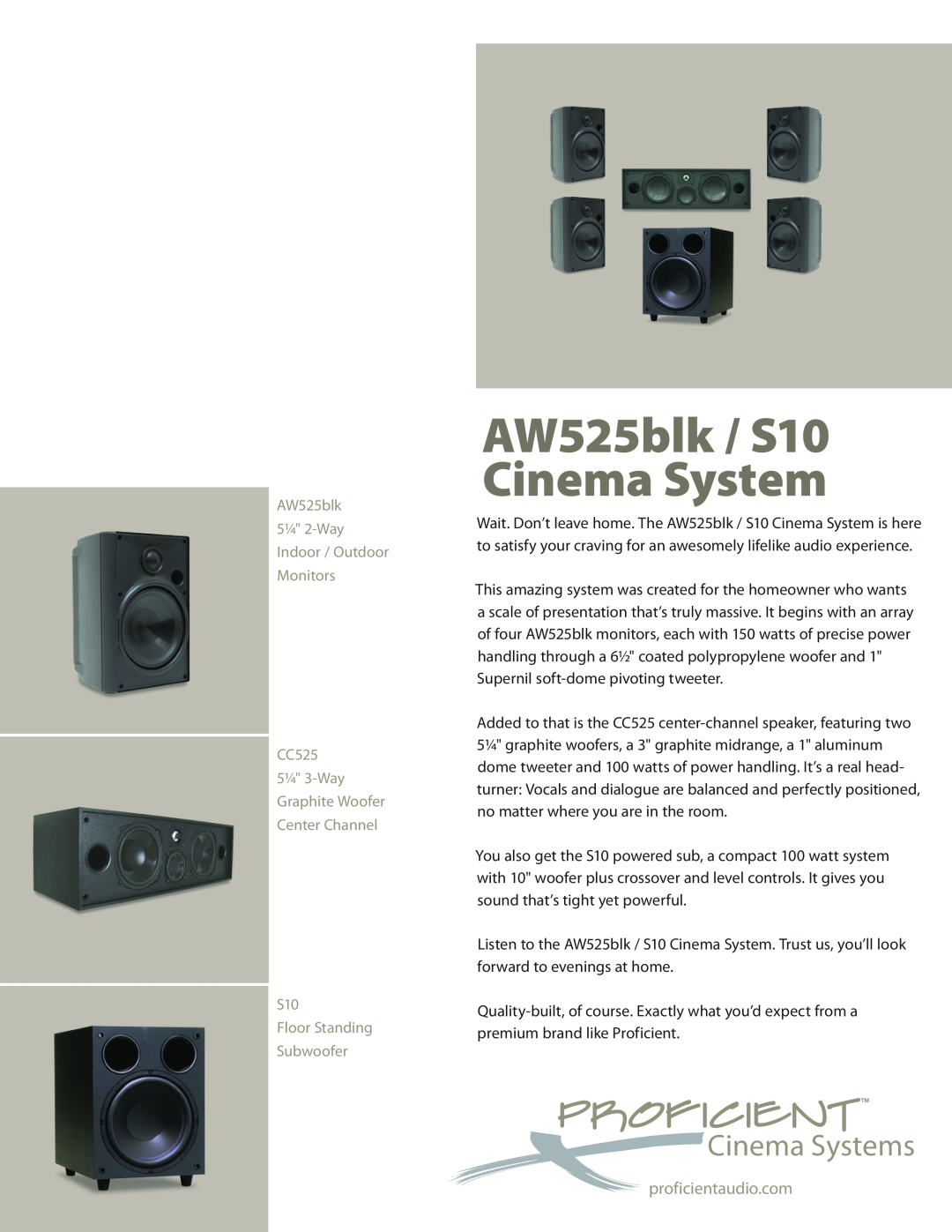 Proficient Audio Systems AW525BLK manual AW525blk / S10 Cinema System, Cinema Systems 