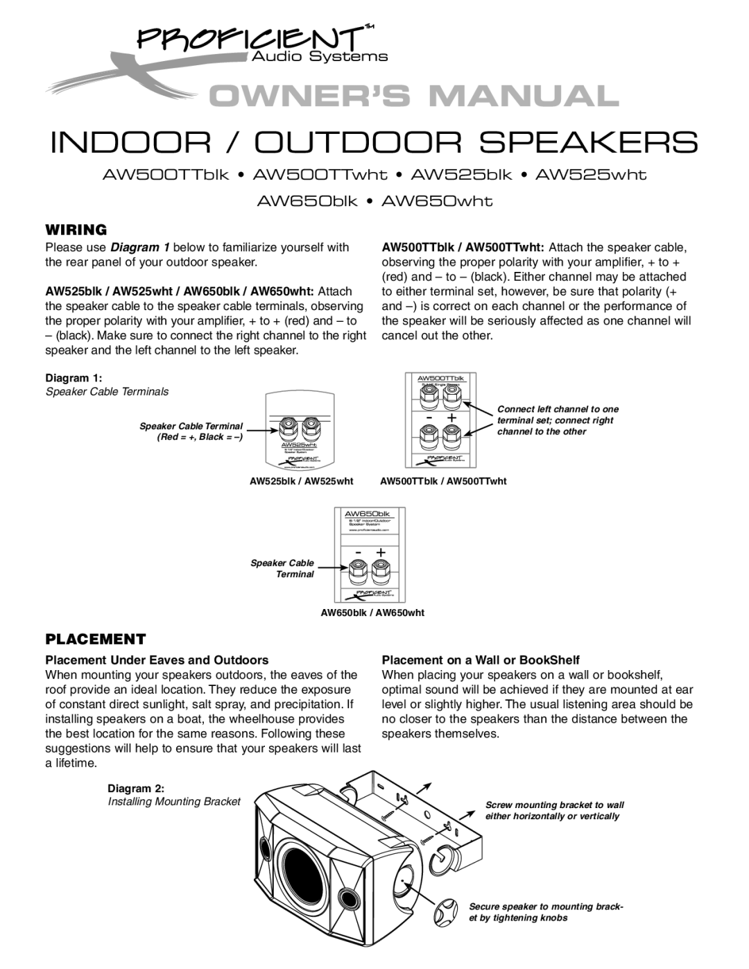 Proficient Audio Systems AW500TTBLK, AW525WHT, AW500TTWHT owner manual Indoor / Outdoor Speakers, Wiring, Placement 