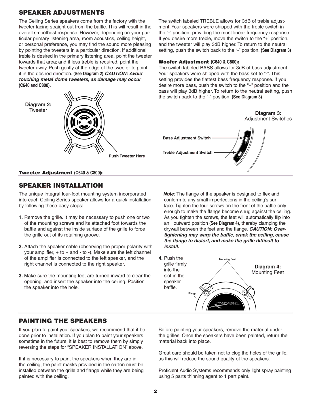 Proficient Audio Systems C500, C620, C640, C800, C610, C600TT Speaker Adjustments, Speaker Installation, Painting the Speakers 