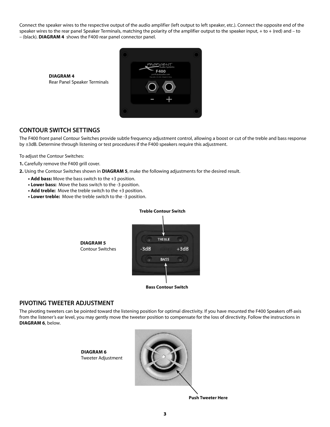 Proficient Audio Systems F400SLVR, F400BLK owner manual Contour Switch Settings, Pivoting Tweeter Adjustment 