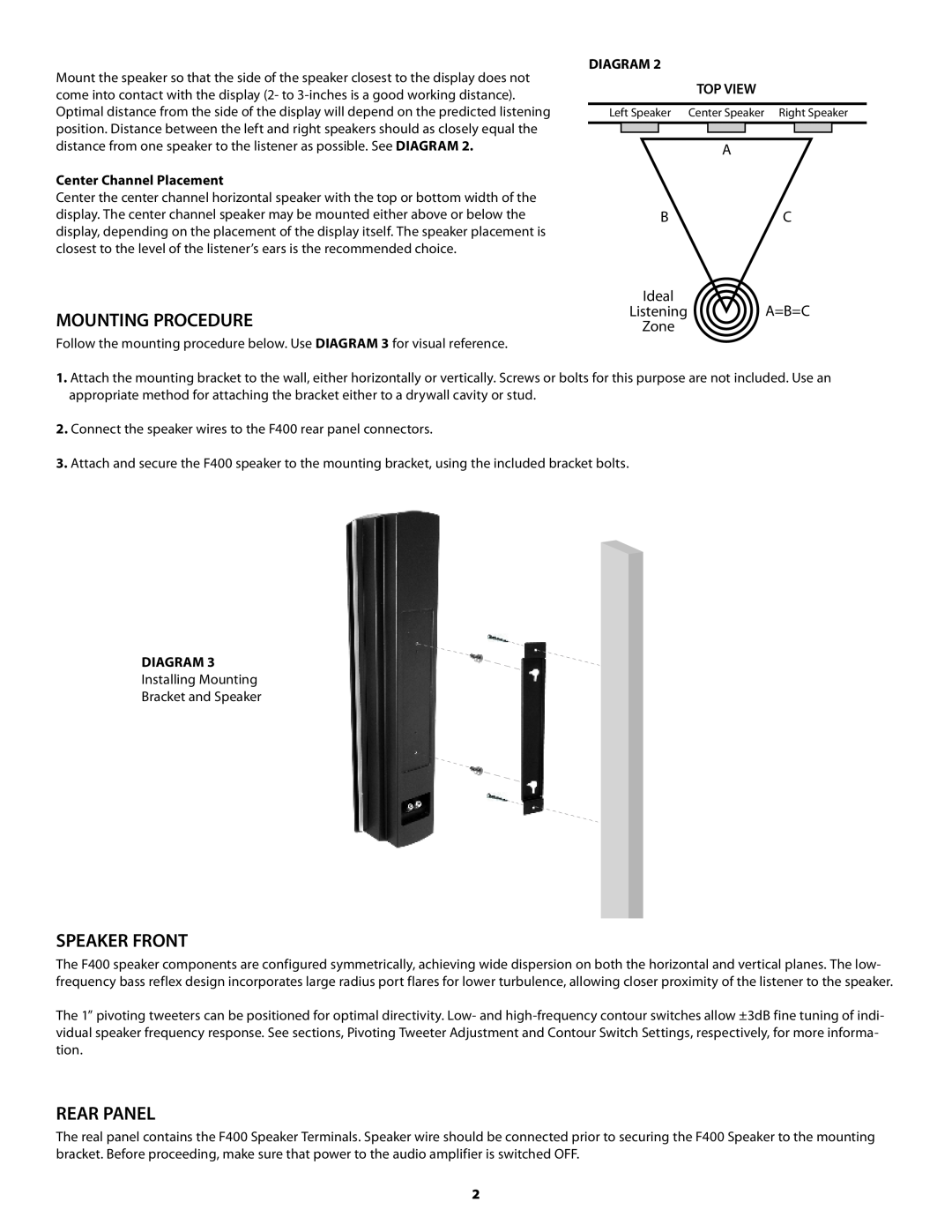 Proficient Audio Systems F400BLK Mounting Procedure, Speaker Front, Rear Panel, Center Channel Placement, Diagram Top View 