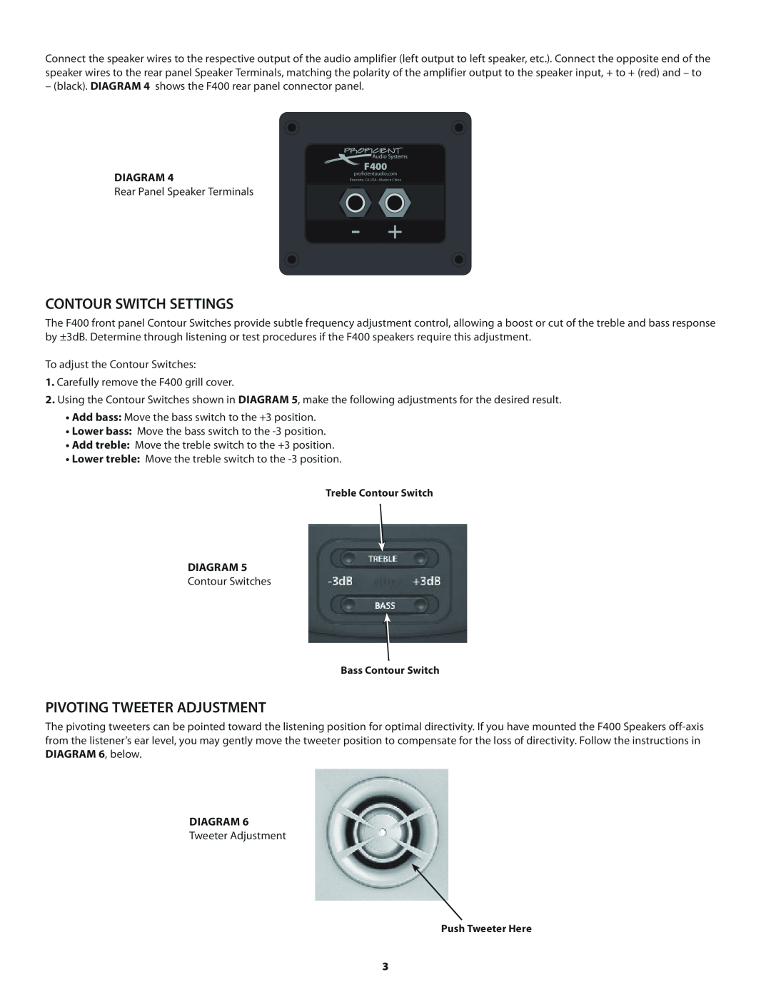 Proficient Audio Systems F400SLVR, F400BLK owner manual Contour Switch Settings, Pivoting Tweeter Adjustment, Diagram 