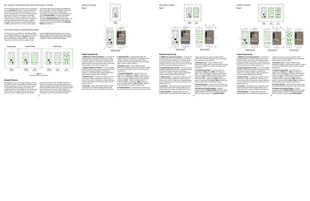 Proficient Audio Systems M4 quick start Keypad Features Single Gang Set-Up, Double Gang Set-Up, Triple Gang Set-Up 