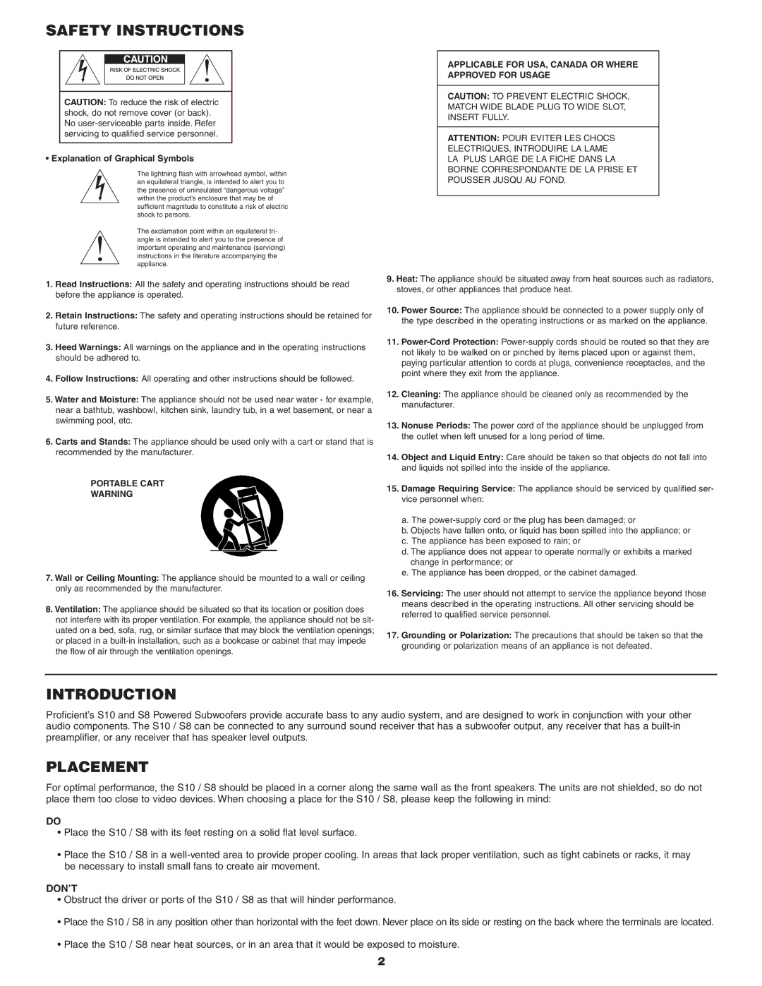 Proficient Audio Systems S8, S10 owner manual Safety Instructions, Introduction, Placement 