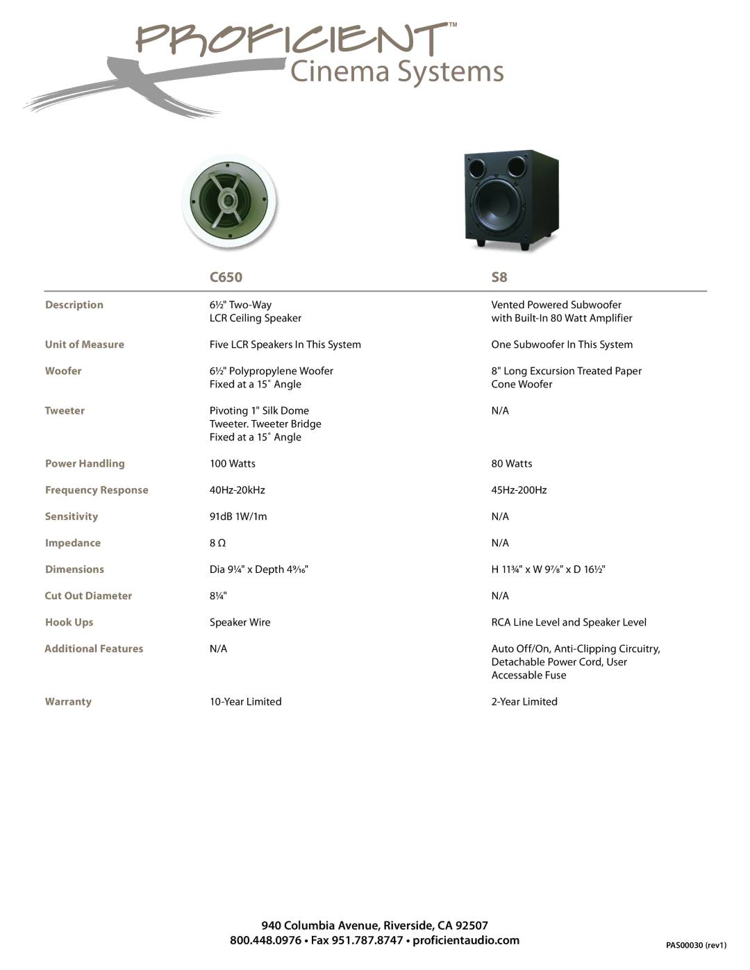 Proficient Audio Systems S8 manual Cinema Systems, C650 