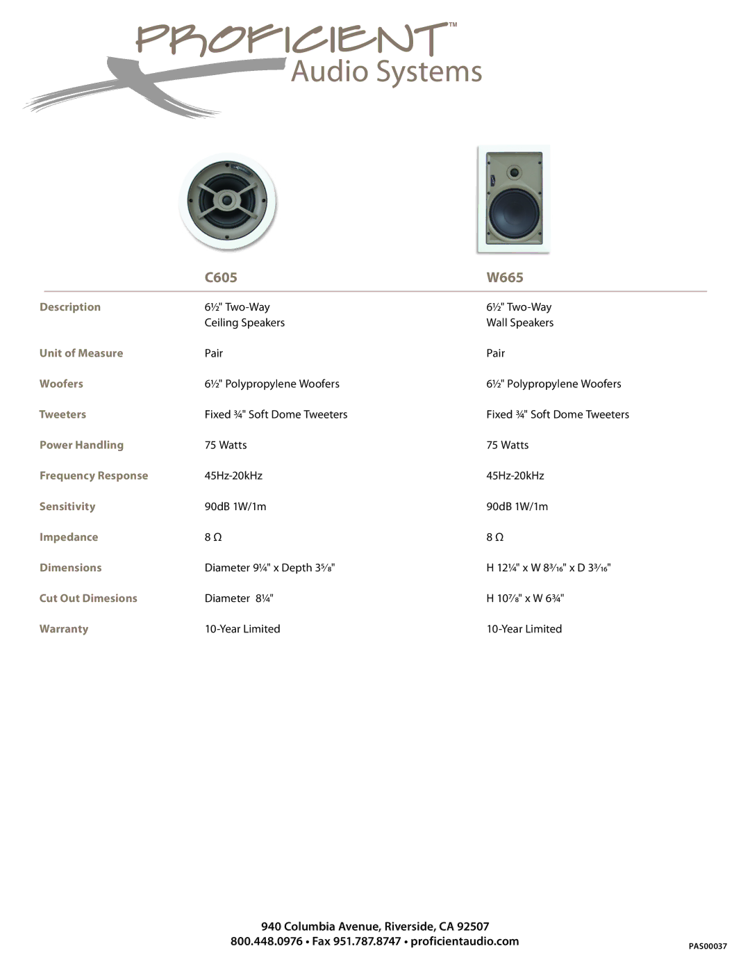 Proficient Audio Systems specifications C605 W665 