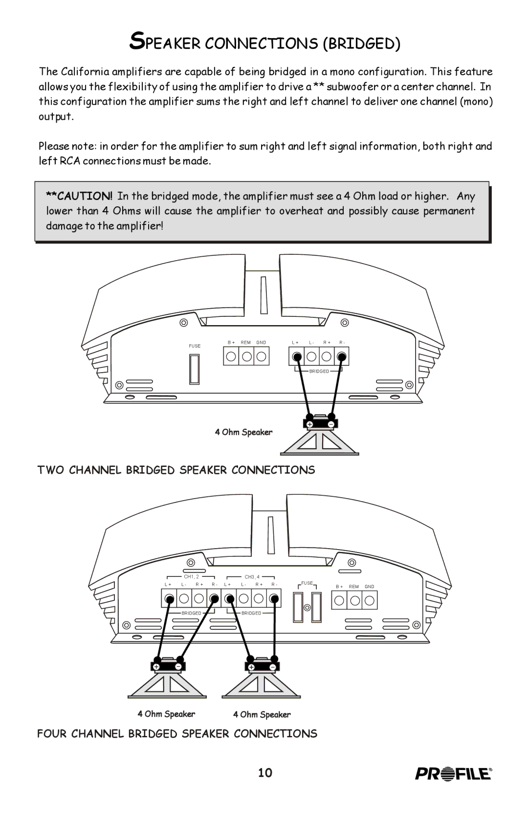 Profile 100SX installation instructions Speaker Connections Bridged 