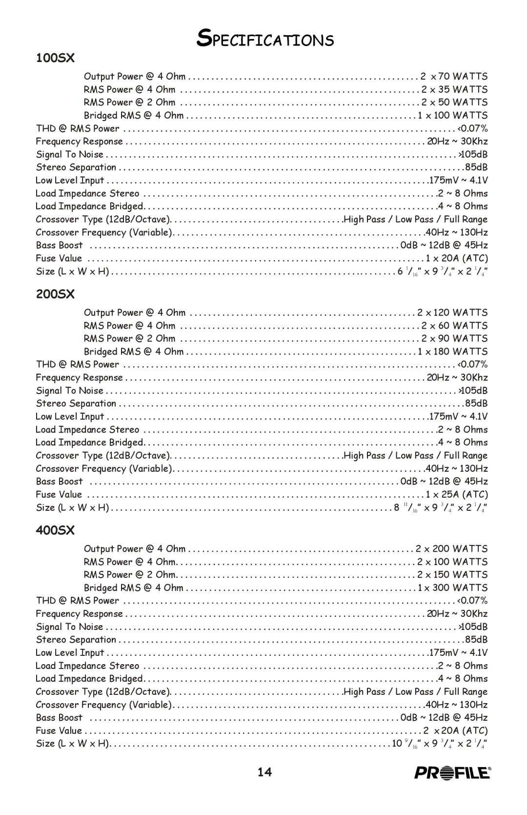 Profile 100SX installation instructions Specifications 