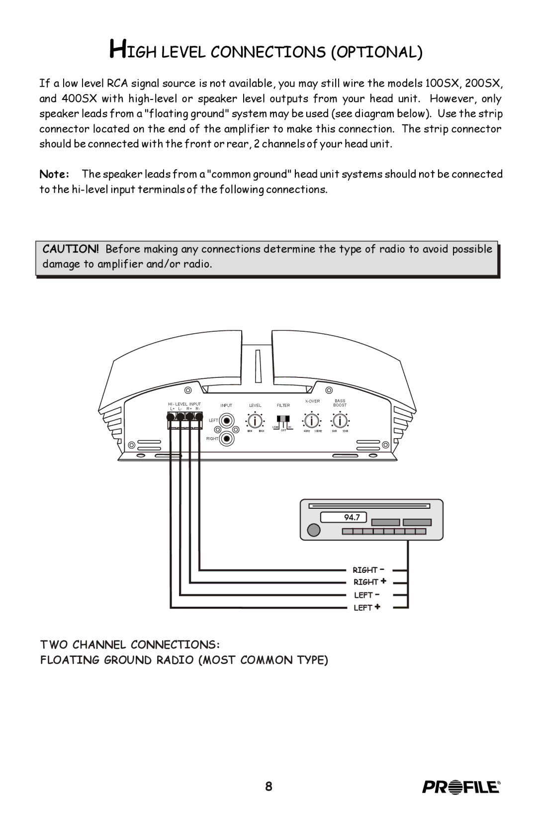 Profile 100SX installation instructions High Level Connections Optional 