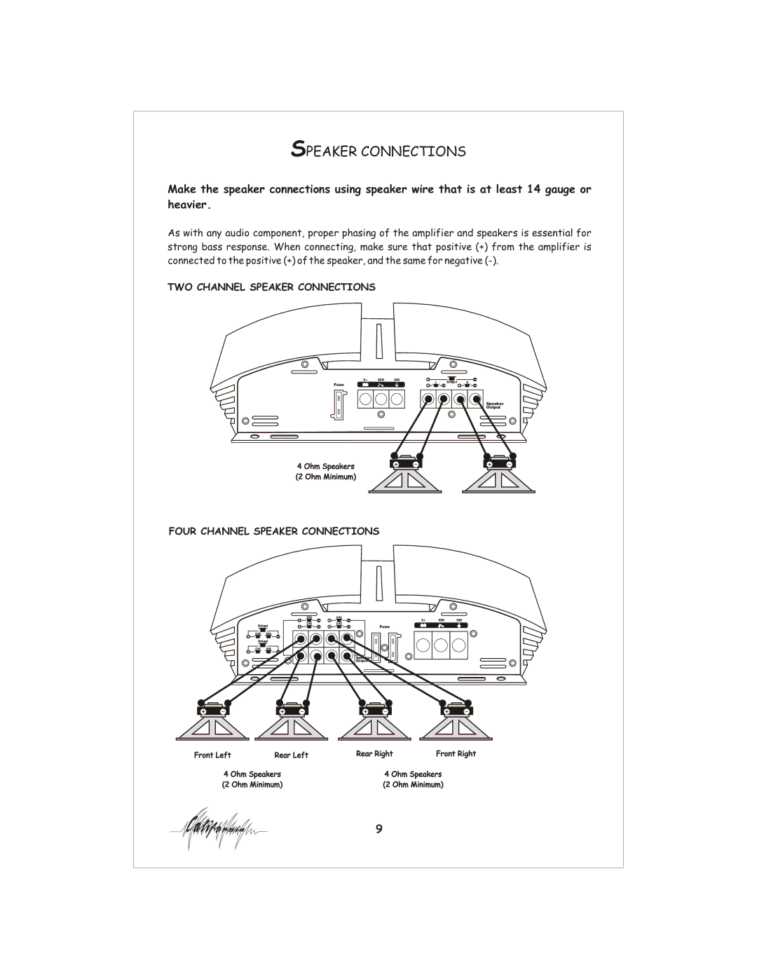 Profile 400SX installation instructions TWO Channel Speaker Connections, Four Channel Speaker Connections 