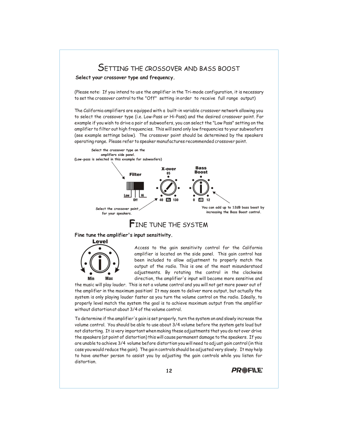 Profile 400SX installation instructions Setting the Crossover and Bass Boost, Select your crossover type and frequency 