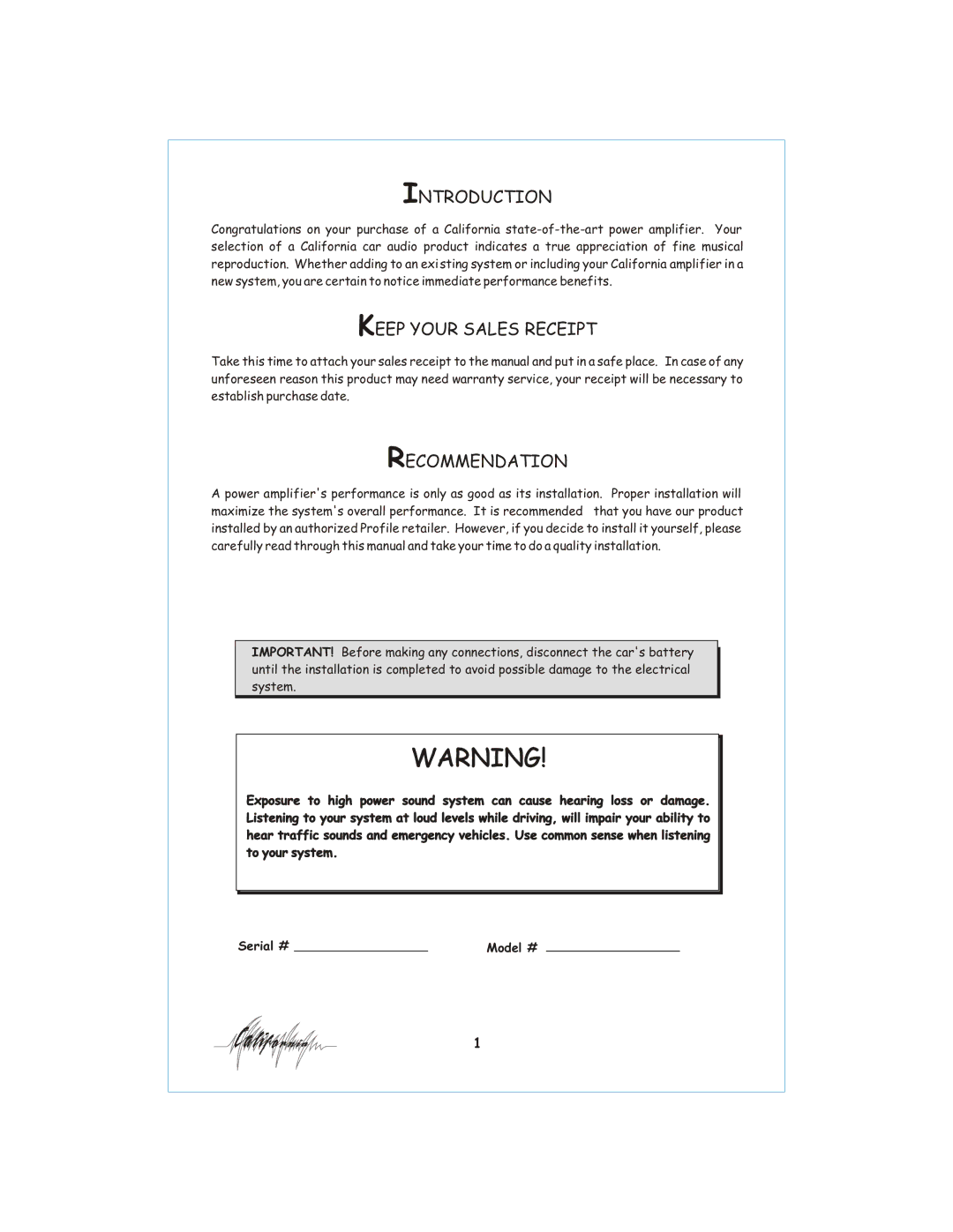 Profile 400SX installation instructions Introduction, Keep Your Sales Receipt, Recommendation 