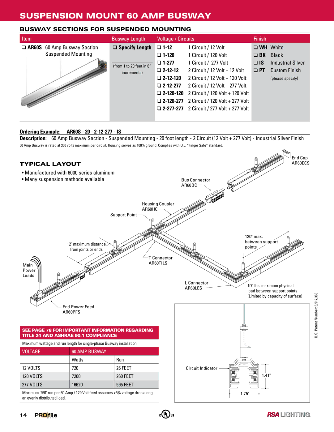 Profile 60 AMP BUSWAY manual Suspension Mount 60 AMP Busway, Busway Sections for Suspended Mounting, Volt 