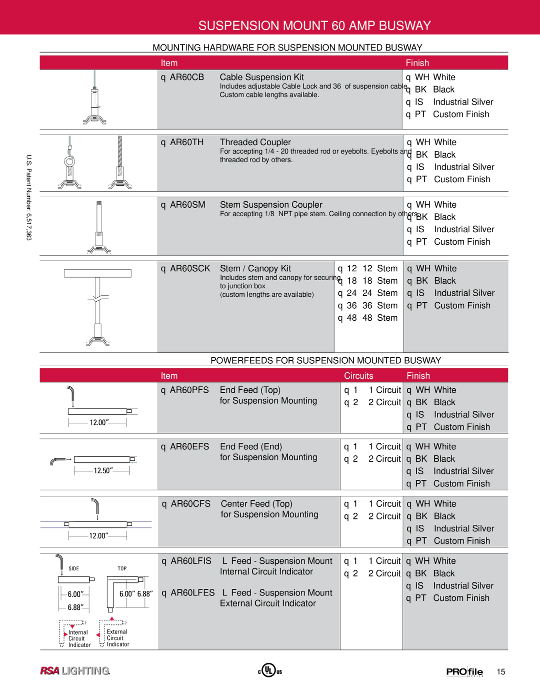 Profile 60 AMP BUSWAY manual Mounting Hardware for Suspension Mounted Busway, AR60CB, AR60TH, AR60SM 