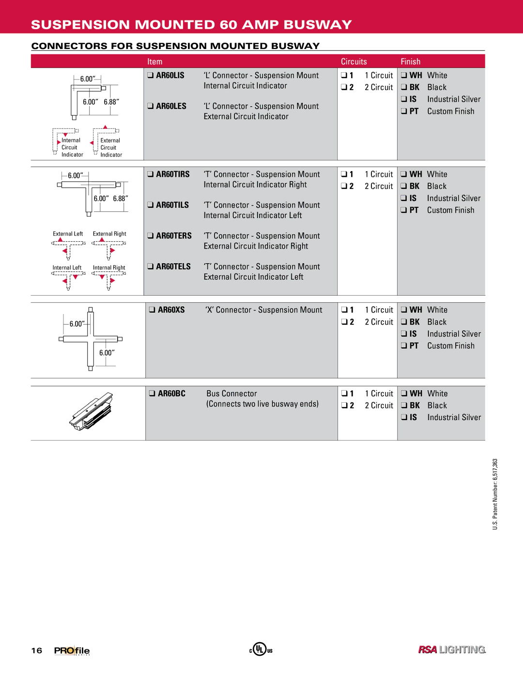 Profile 60 AMP BUSWAY manual Suspension Mounted 60 AMP Busway, Connectors for Suspension Mounted Busway 