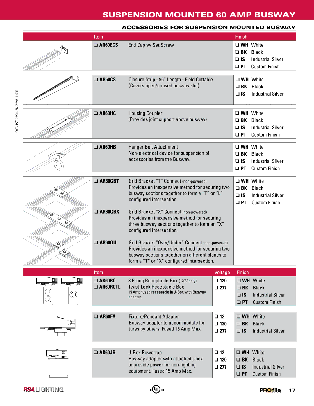 Profile 60 AMP BUSWAY manual Accessories for Suspension Mounted Busway, End Cap w/ Set Screw WH White Black, AR60HC 