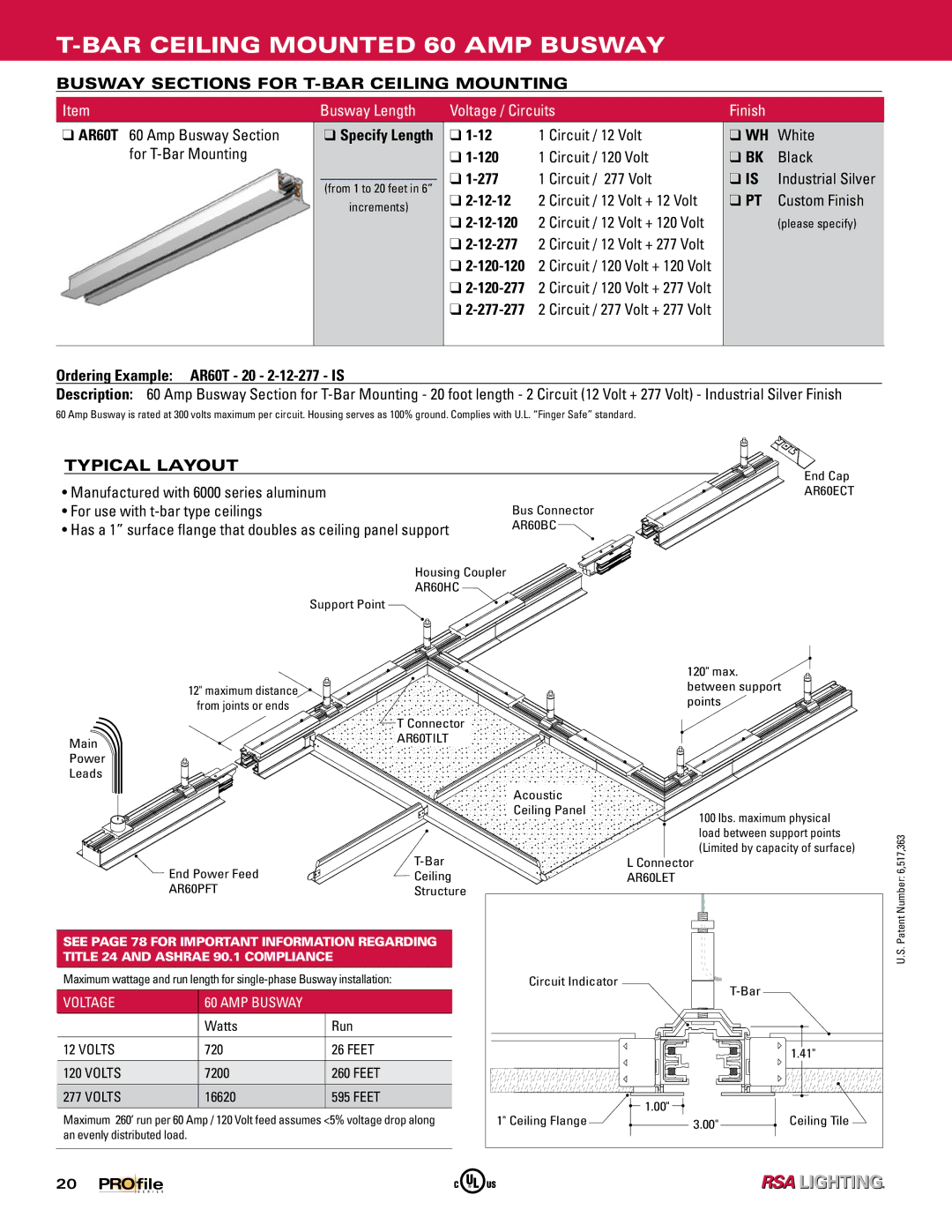 Profile 60 AMP BUSWAY manual BAR Ceiling Mounted 60 AMP Busway, Busway Sections for T-BAR Ceiling Mounting 