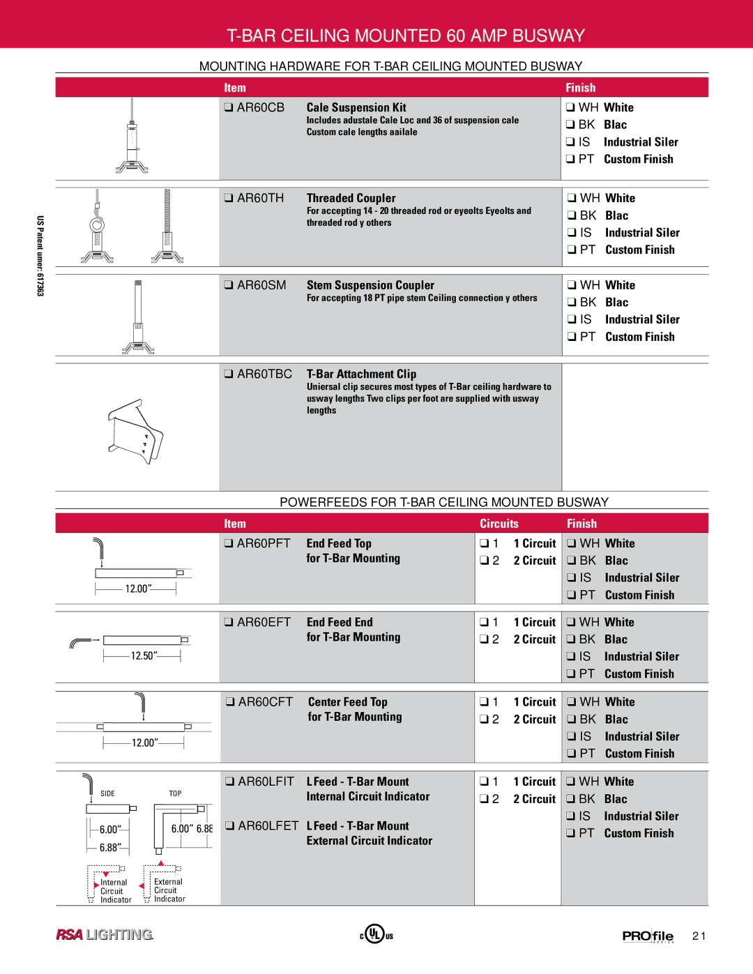 Profile 60 AMP BUSWAY manual Mounting Hardware for T-BAR Ceiling Mounted Busway, AR60TBC, AR60PFT, AR60EFT, AR60CFT 