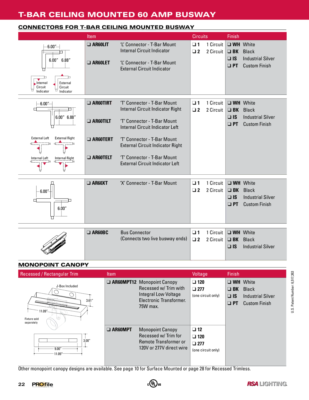 Profile 60 AMP BUSWAY manual Connectors for T-BAR Ceiling Mounted Busway, AR60LIT, AR60LET, AR60XT 