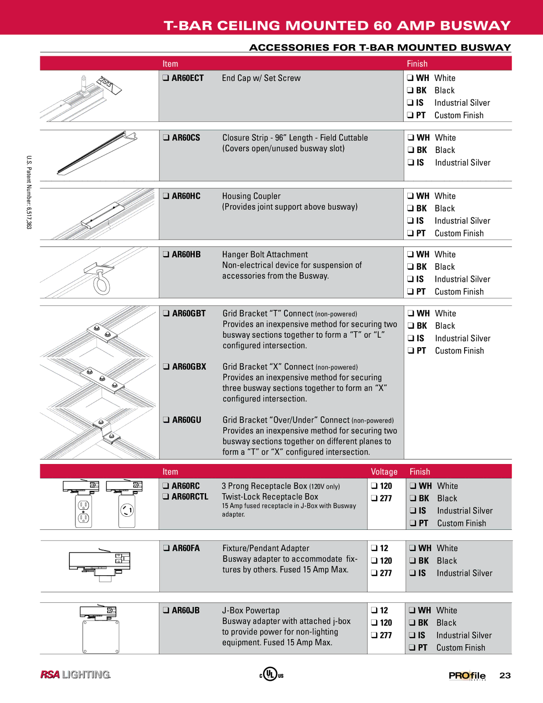 Profile 60 AMP BUSWAY manual Accessories for T-BAR Mounted Busway, AR60ECT 