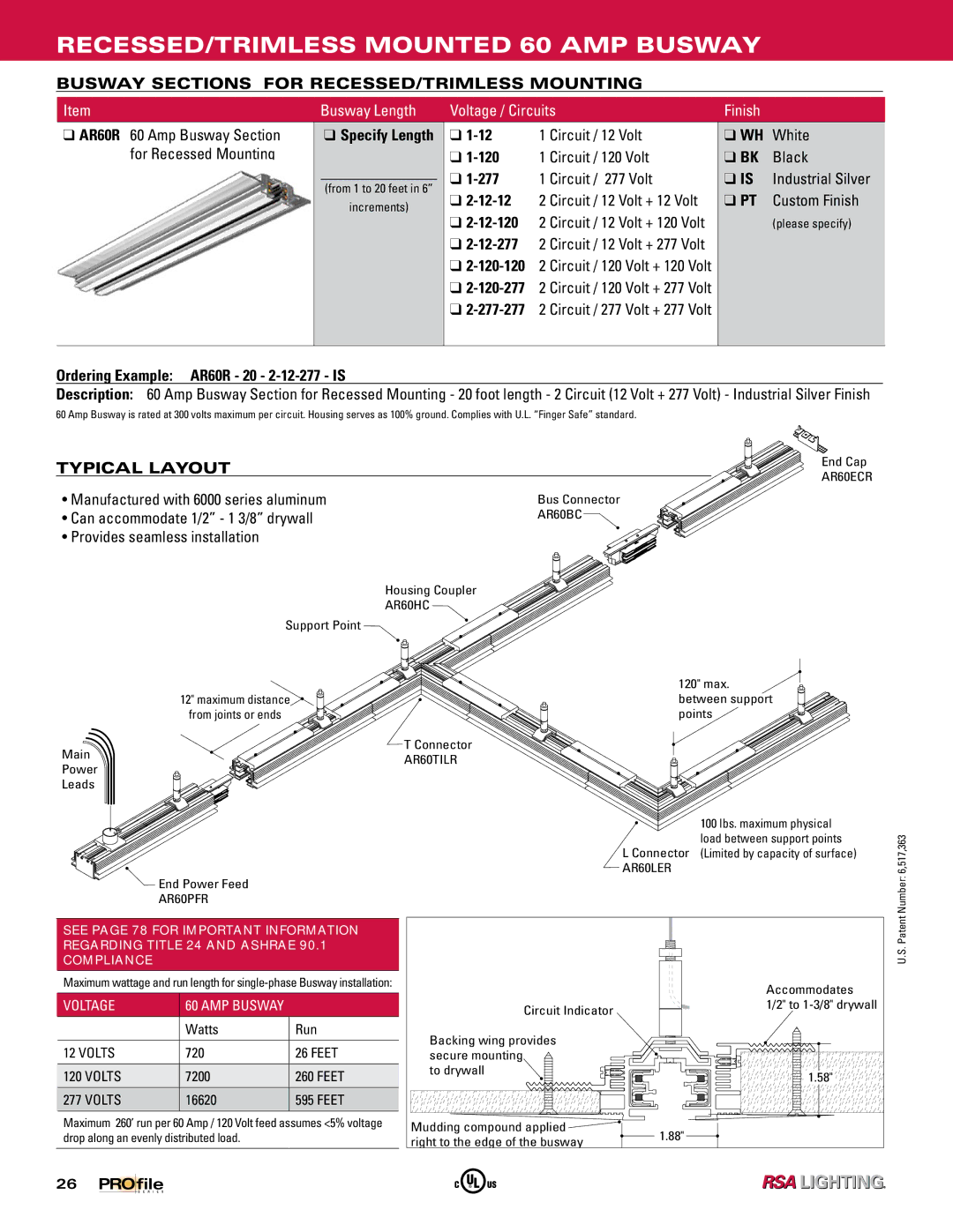 Profile 60 AMP BUSWAY manual RECESSED/TRIMLESS Mounted 60 AMP Busway, Busway Sections for RECESSED/TRIMLESS Mounting 