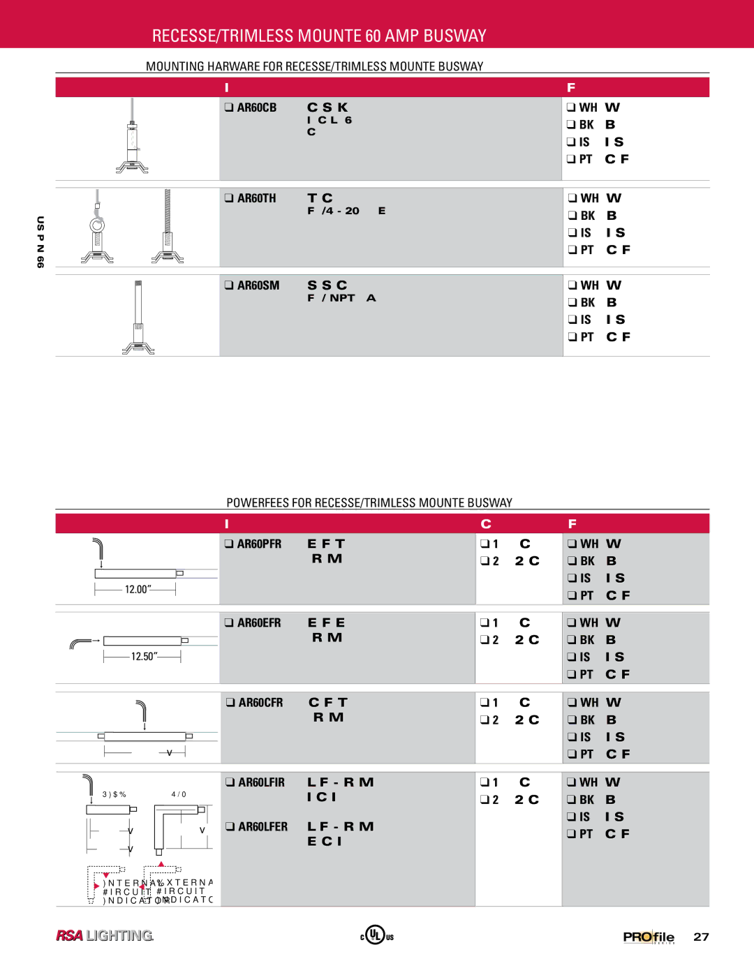 Profile 60 AMP BUSWAY manual Mounting Hardware for RECESSED/TRIMLESS Mounted Busway, AR60PFR, AR60EFR, AR60CFR 